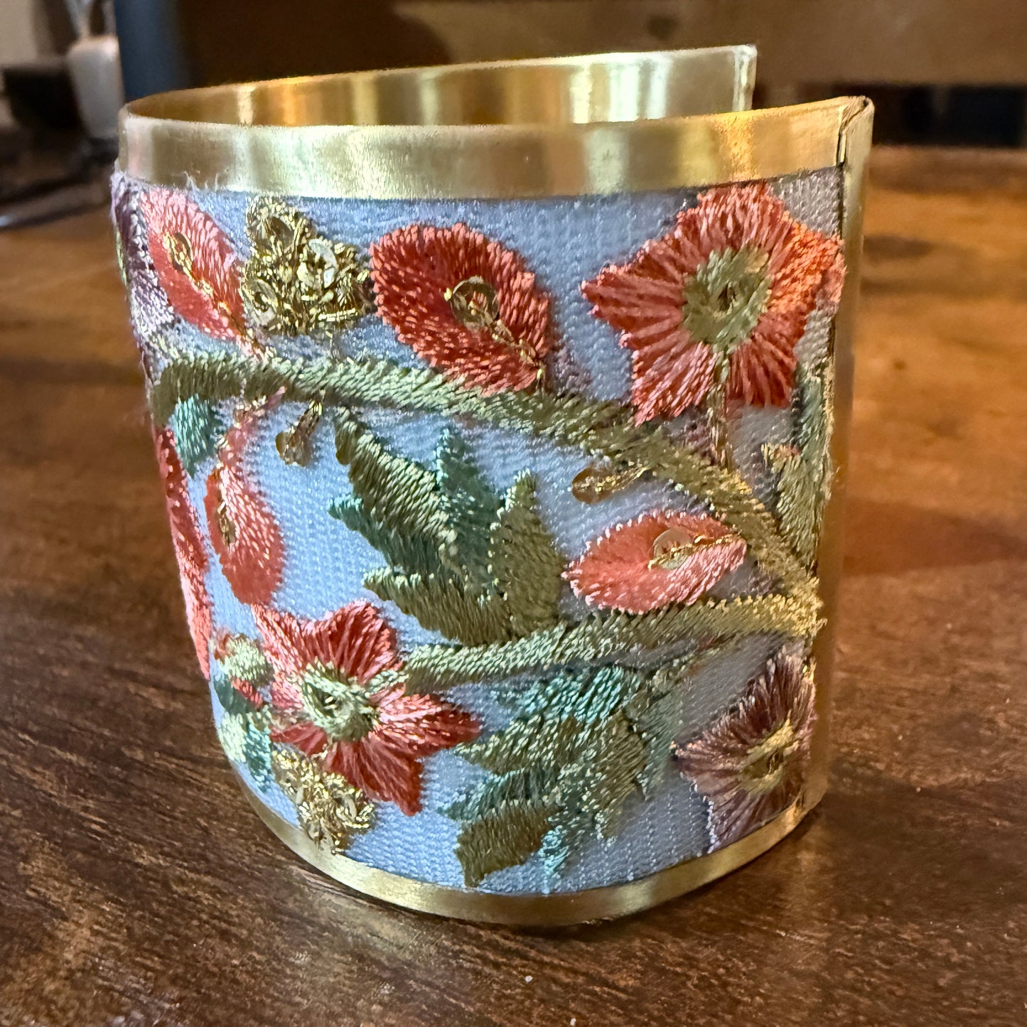 Autumn Bloom Handcrafted Embroidered Gold Cuff Flex Bracelet With Floral Embroidery