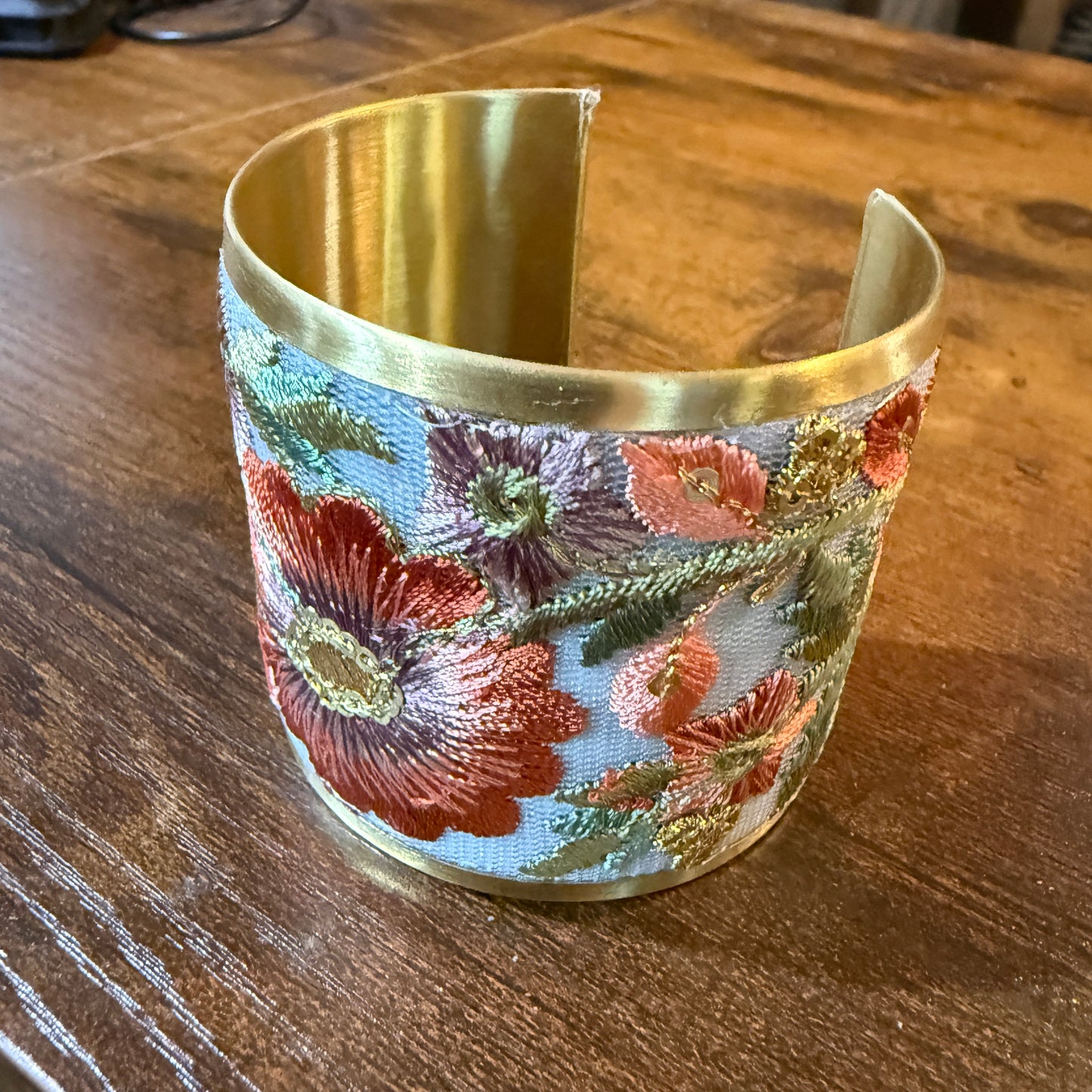 Autumn Bloom Handcrafted Embroidered Gold Cuff Flex Bracelet With Floral Embroidery