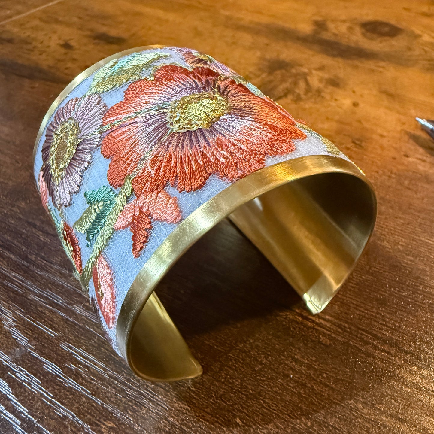 Autumn Bloom Handcrafted Embroidered Gold Cuff Flex Bracelet With Floral Embroidery
