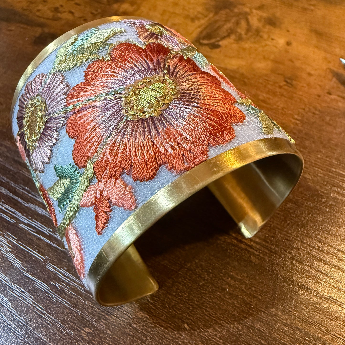 Autumn Bloom Handcrafted Embroidered Gold Cuff Flex Bracelet With Floral Embroidery