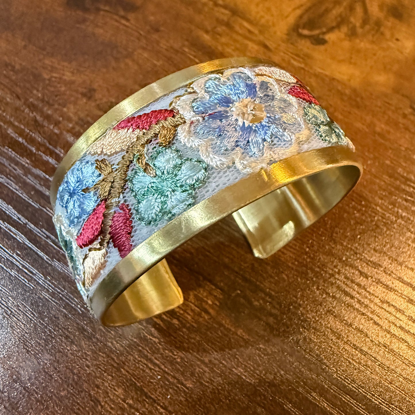 Pastel Blue And Mint Embroidered Fabric Cuff Bracelet Gold Edge