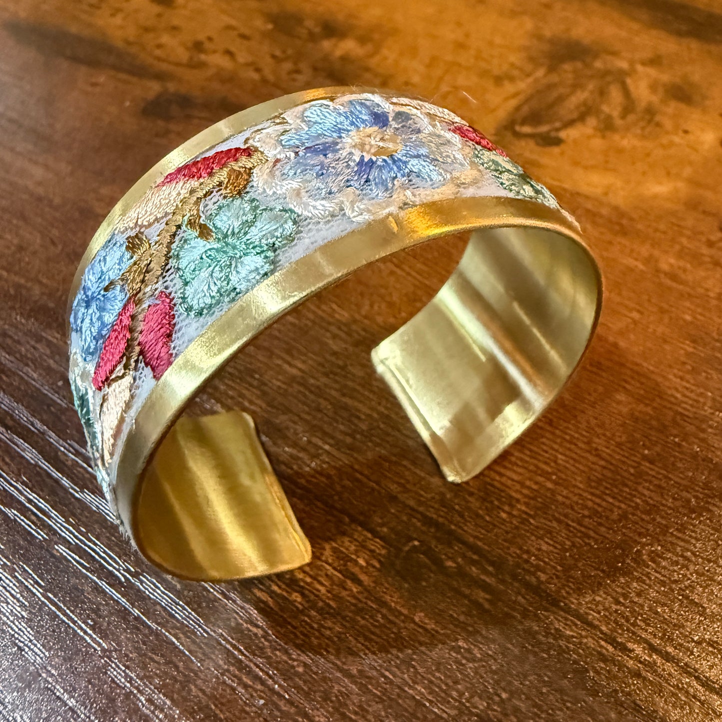 Pastel Blue And Mint Embroidered Fabric Cuff Bracelet Gold Edge