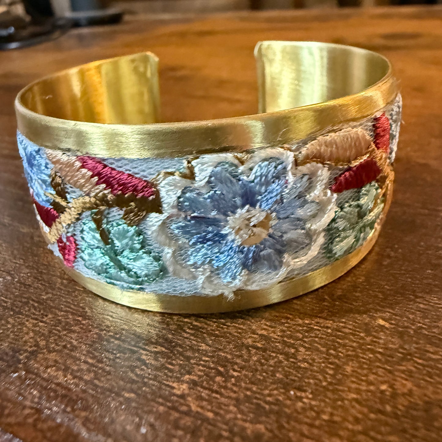 Pastel Blue And Mint Embroidered Fabric Cuff Bracelet Gold Edge