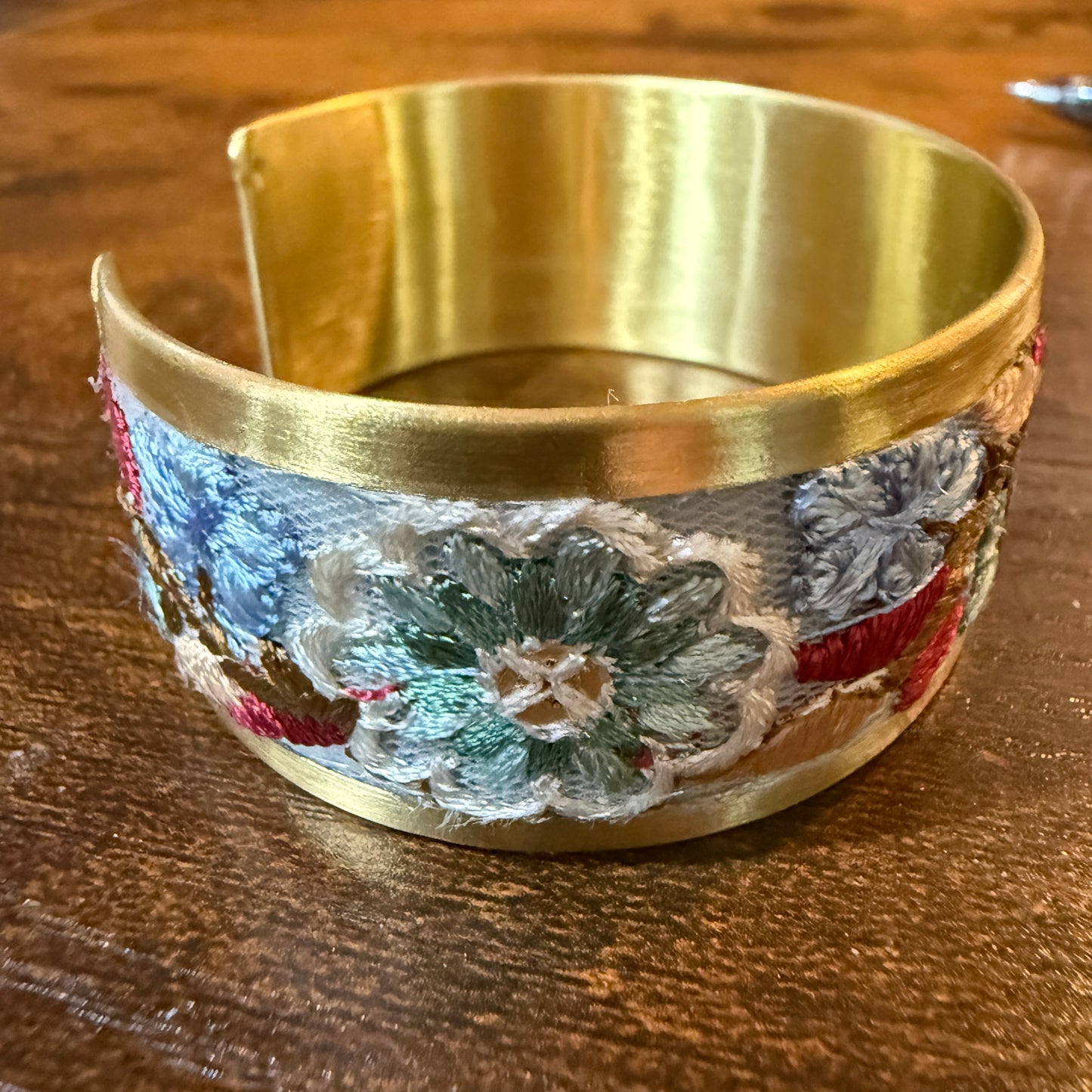 Pastel Blue And Mint Embroidered Fabric Cuff Bracelet Gold Edge
