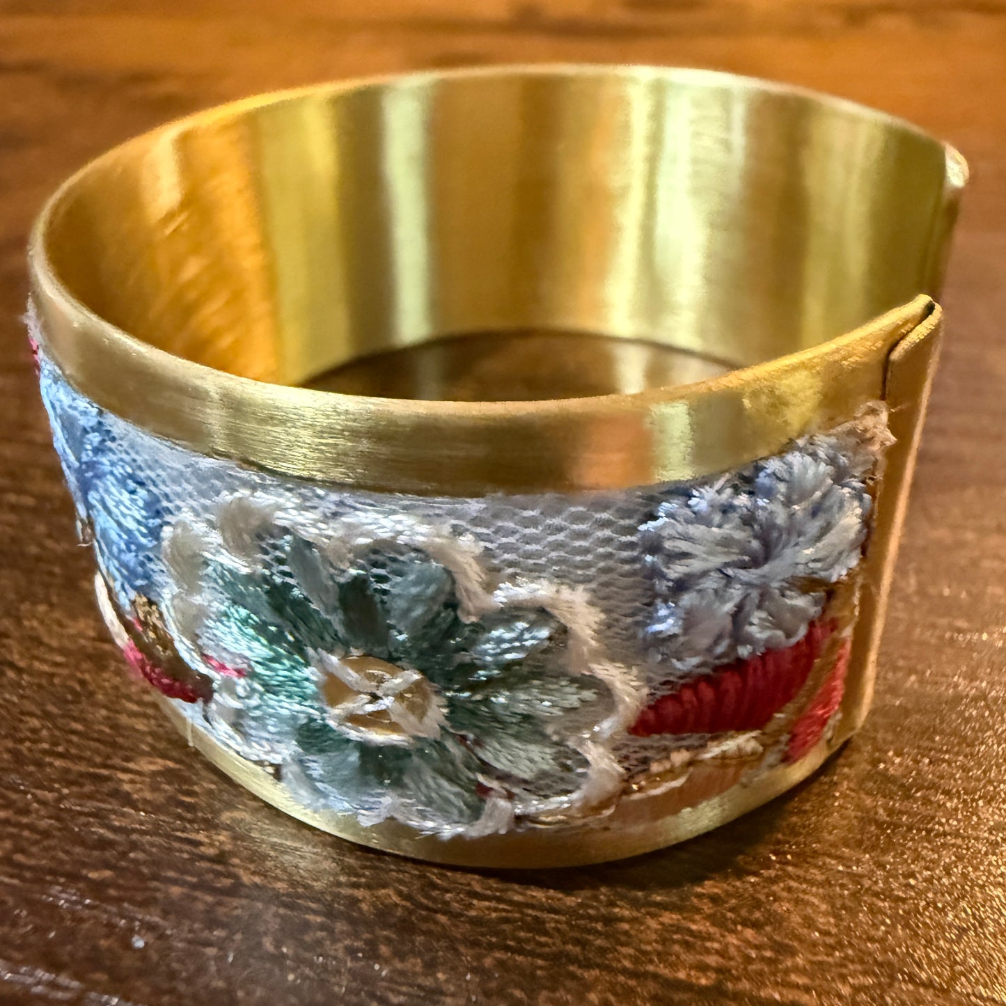 Pastel Blue And Mint Embroidered Fabric Cuff Bracelet Gold Edge