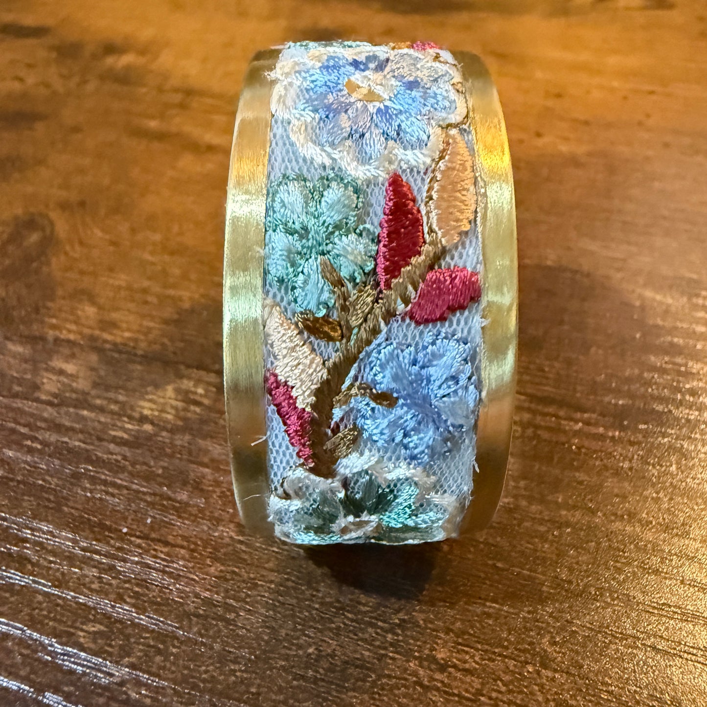 Pastel Blue And Mint Embroidered Fabric Cuff Bracelet Gold Edge