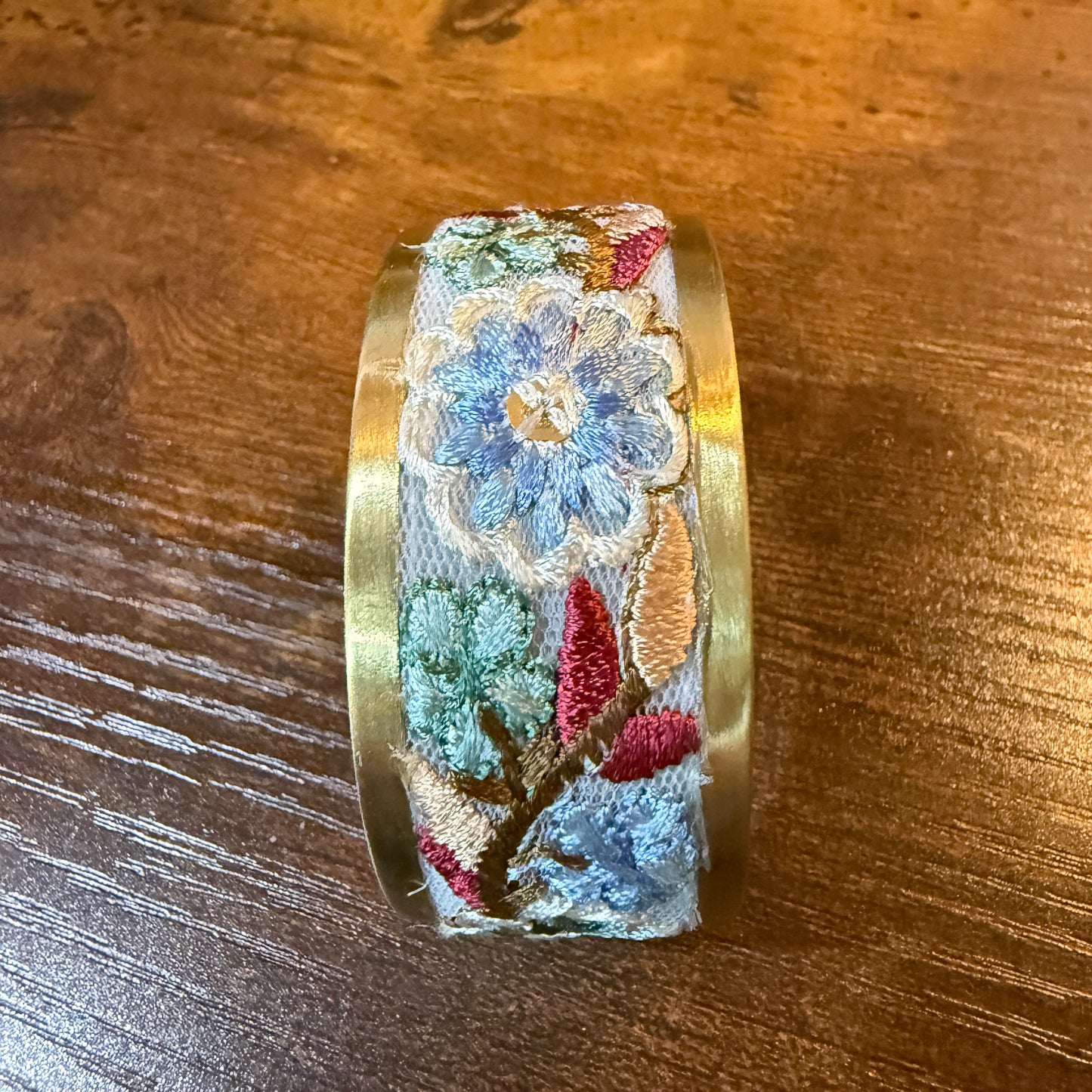 Pastel Blue And Mint Embroidered Fabric Cuff Bracelet Gold Edge