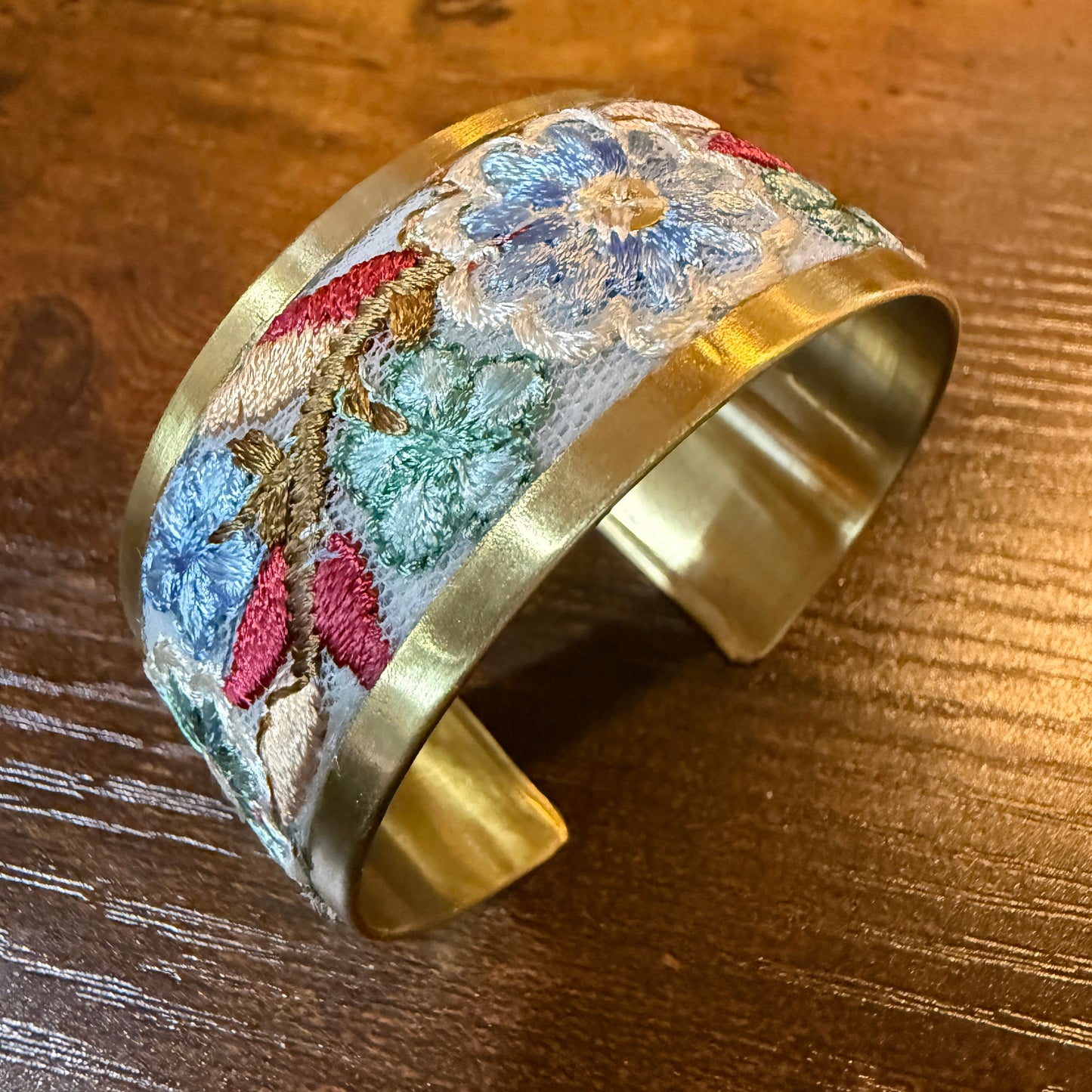 Pastel Blue And Mint Embroidered Fabric Cuff Bracelet Gold Edge