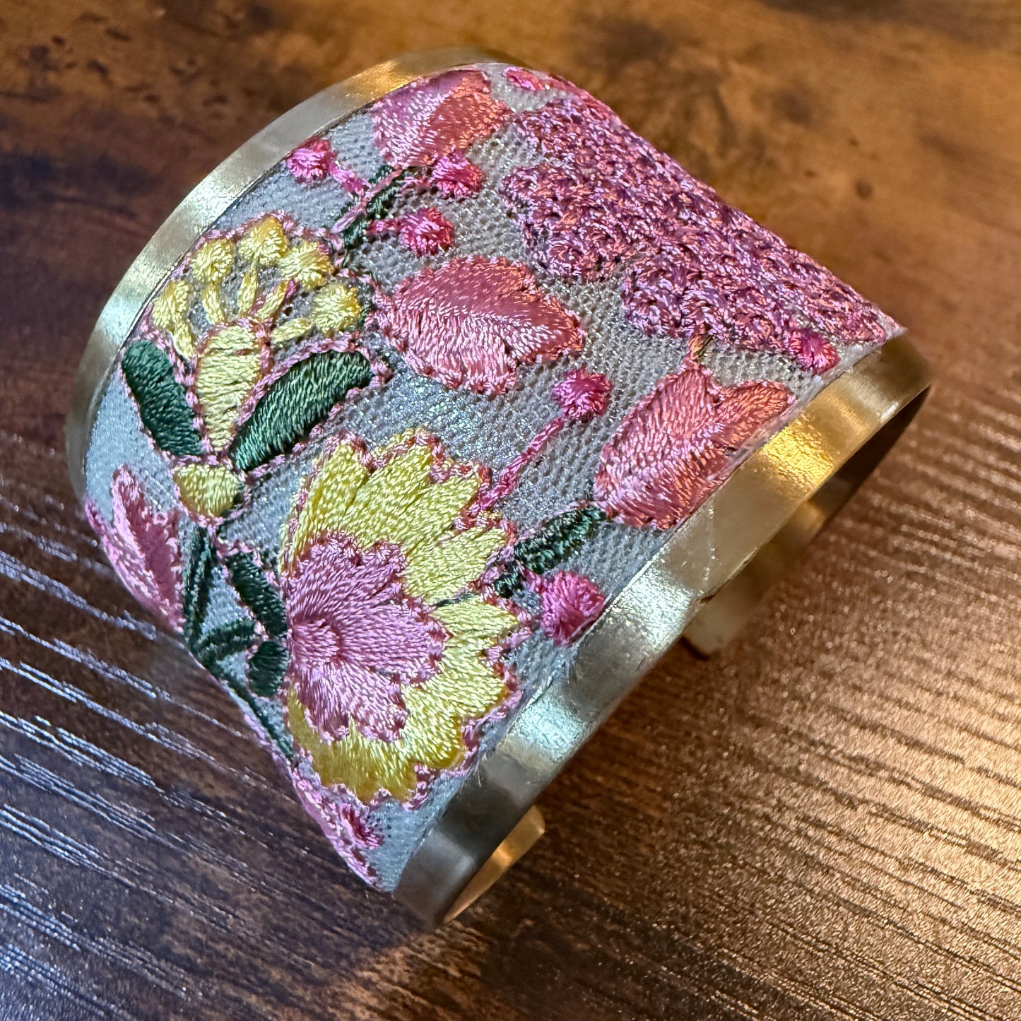 Spring Bloom Embroidered Gold Cuff Bracelet With Floral Flex Design