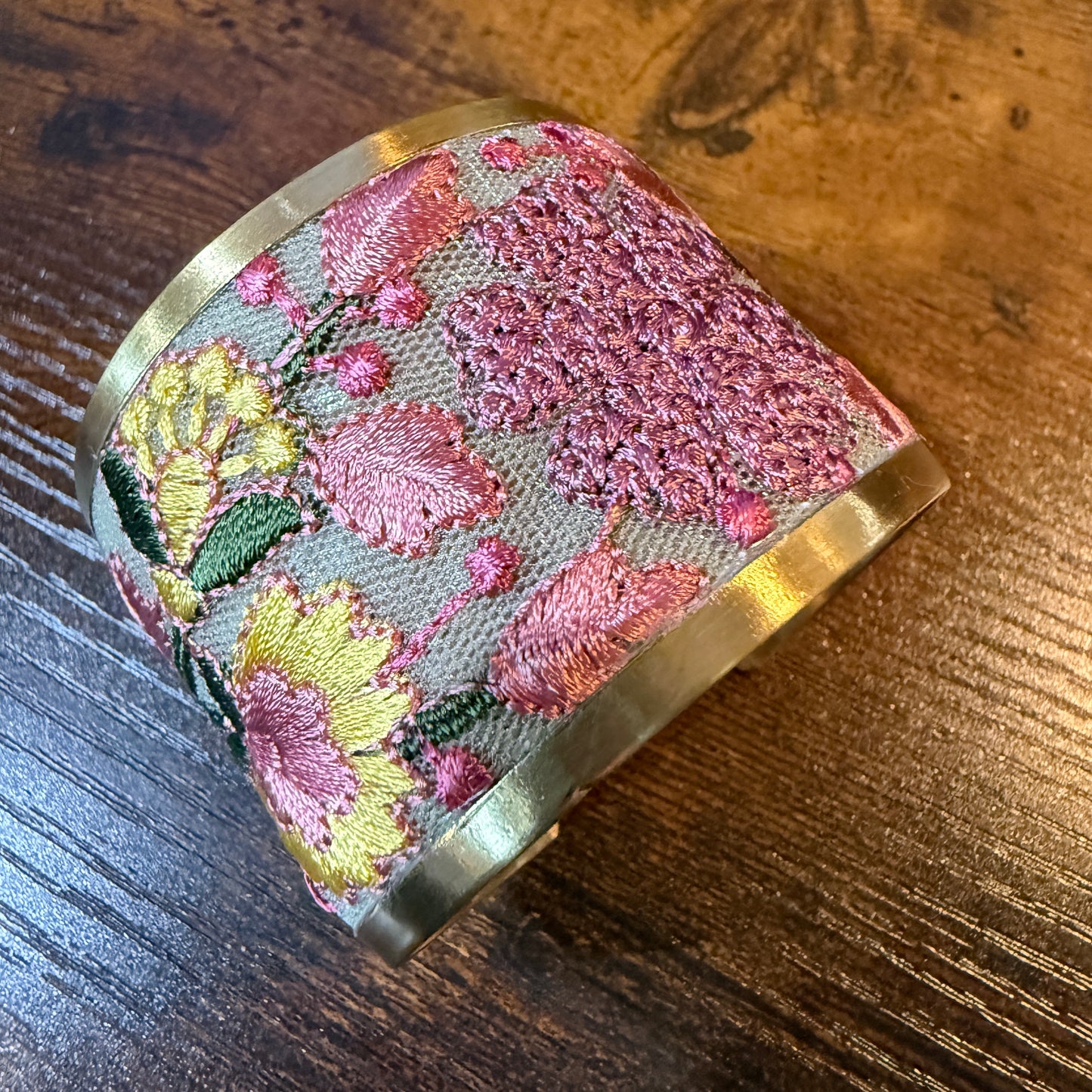 Spring Bloom Embroidered Gold Cuff Bracelet With Floral Flex Design