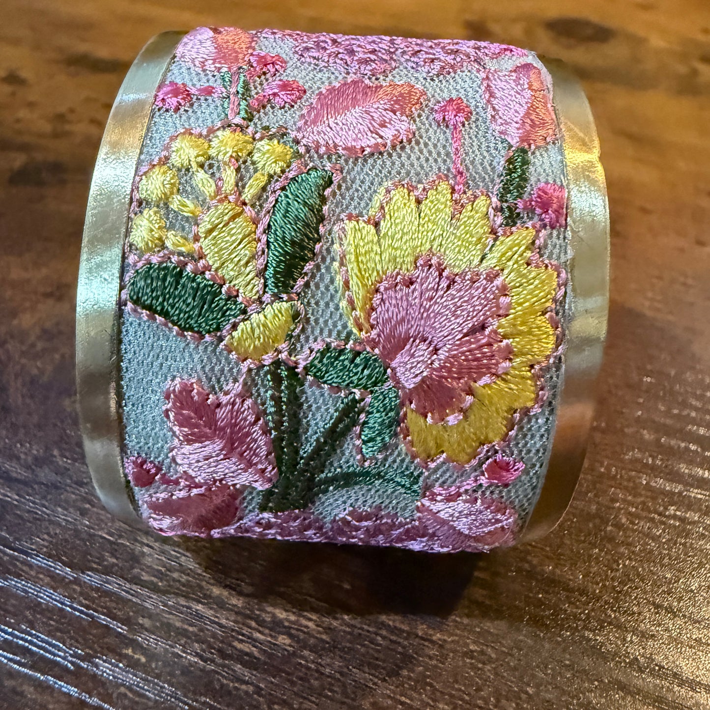 Spring Bloom Embroidered Gold Cuff Bracelet With Floral Flex Design