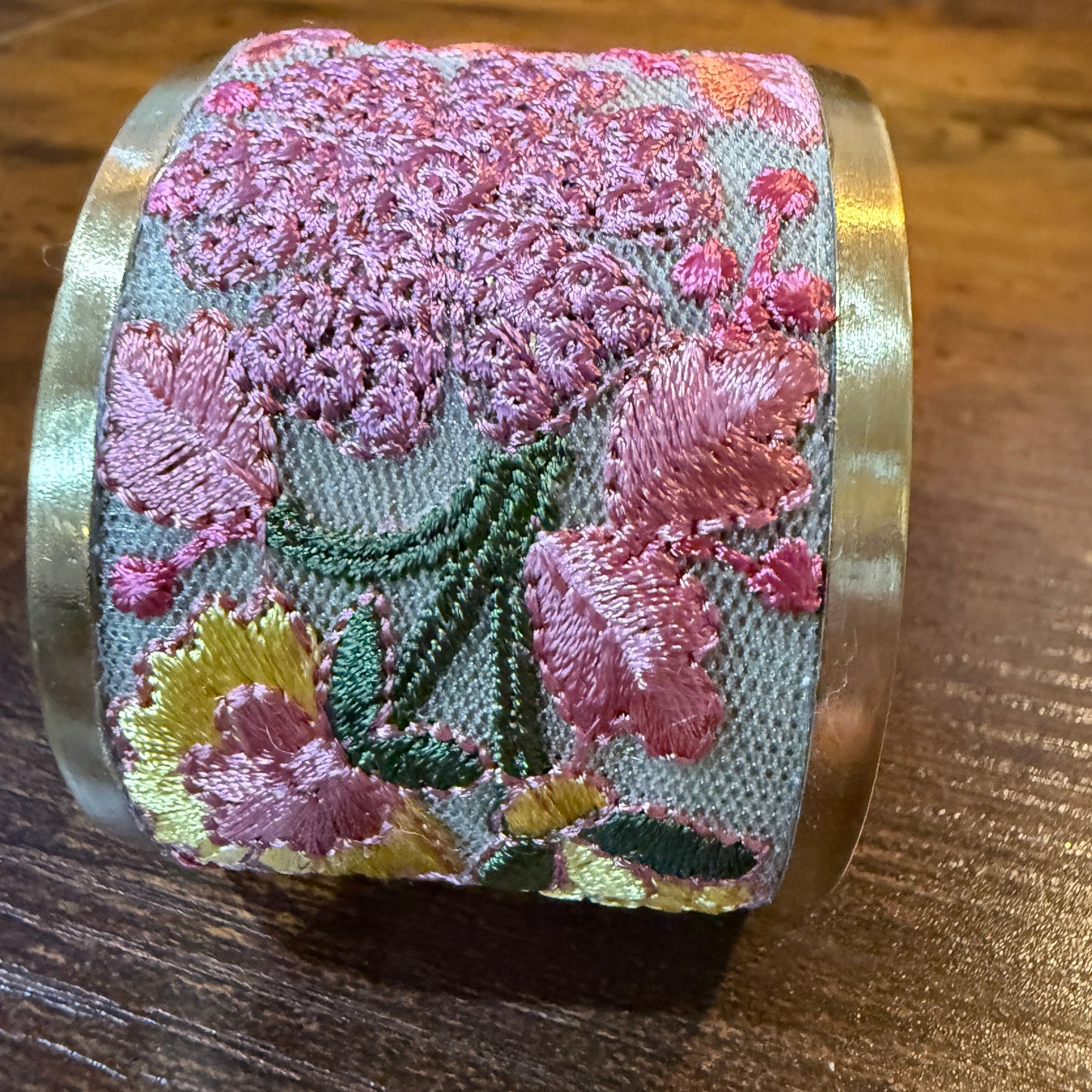 Spring Bloom Embroidered Gold Cuff Bracelet With Floral Flex Design