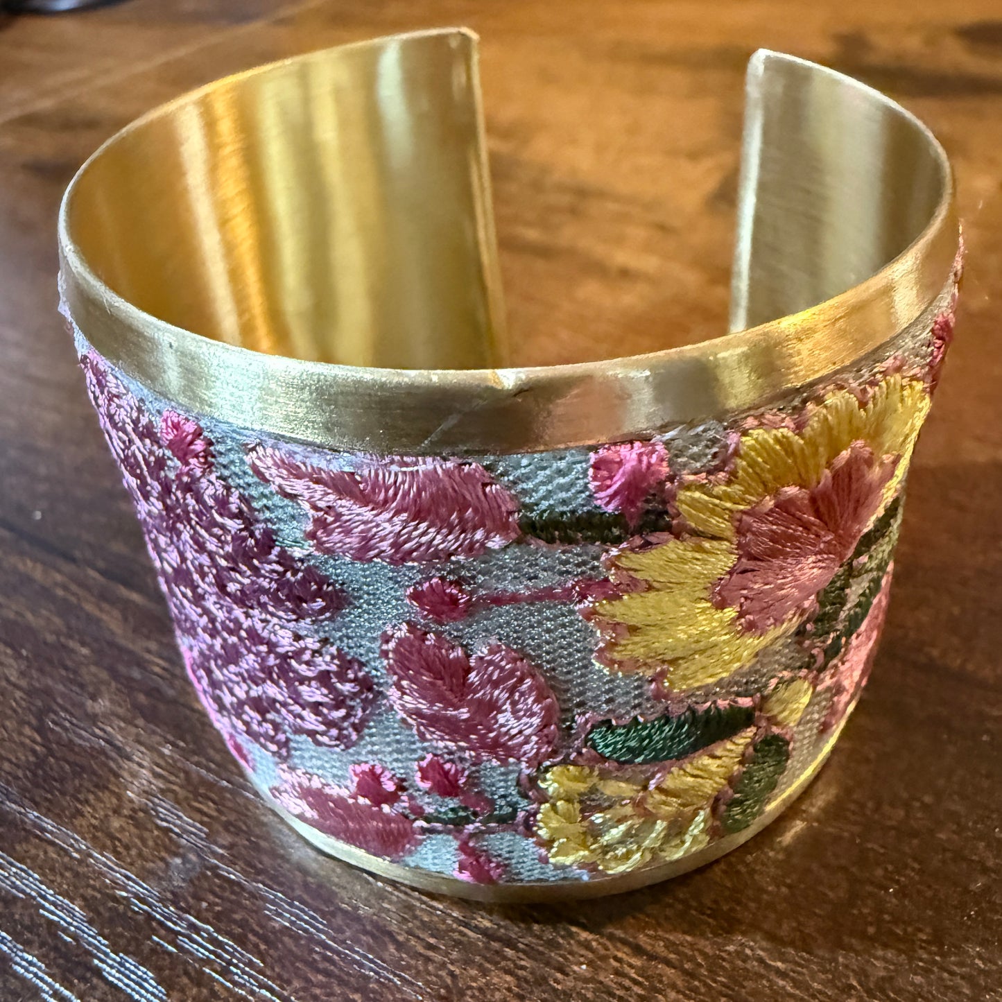 Spring Bloom Embroidered Gold Cuff Bracelet With Floral Flex Design