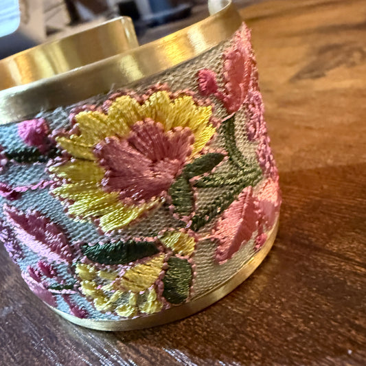 Spring Bloom Embroidered Gold Cuff Bracelet With Floral Flex Design