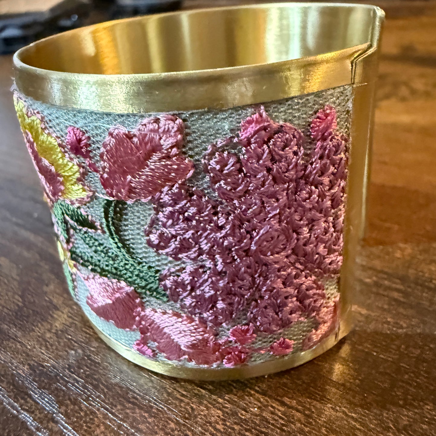 Spring Bloom Embroidered Gold Cuff Bracelet With Floral Flex Design