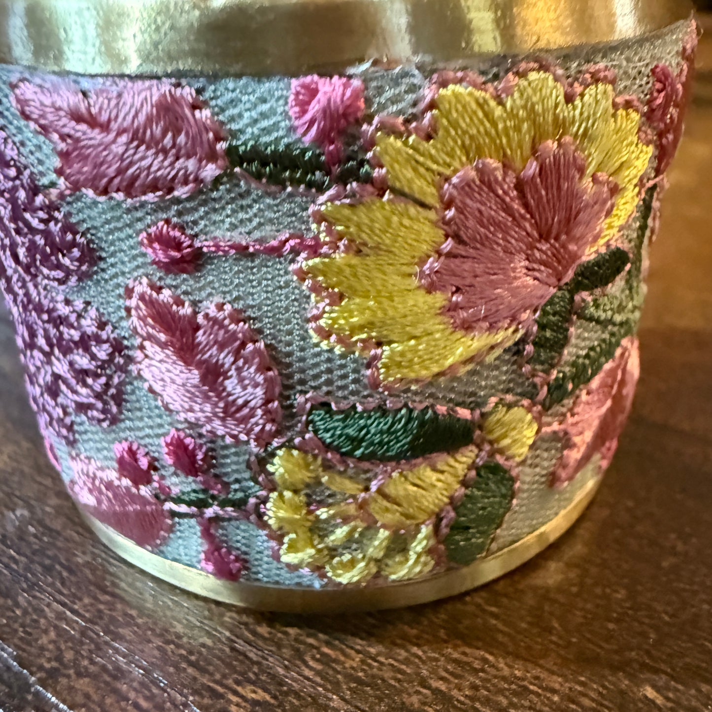 Spring Bloom Embroidered Gold Cuff Bracelet With Floral Flex Design
