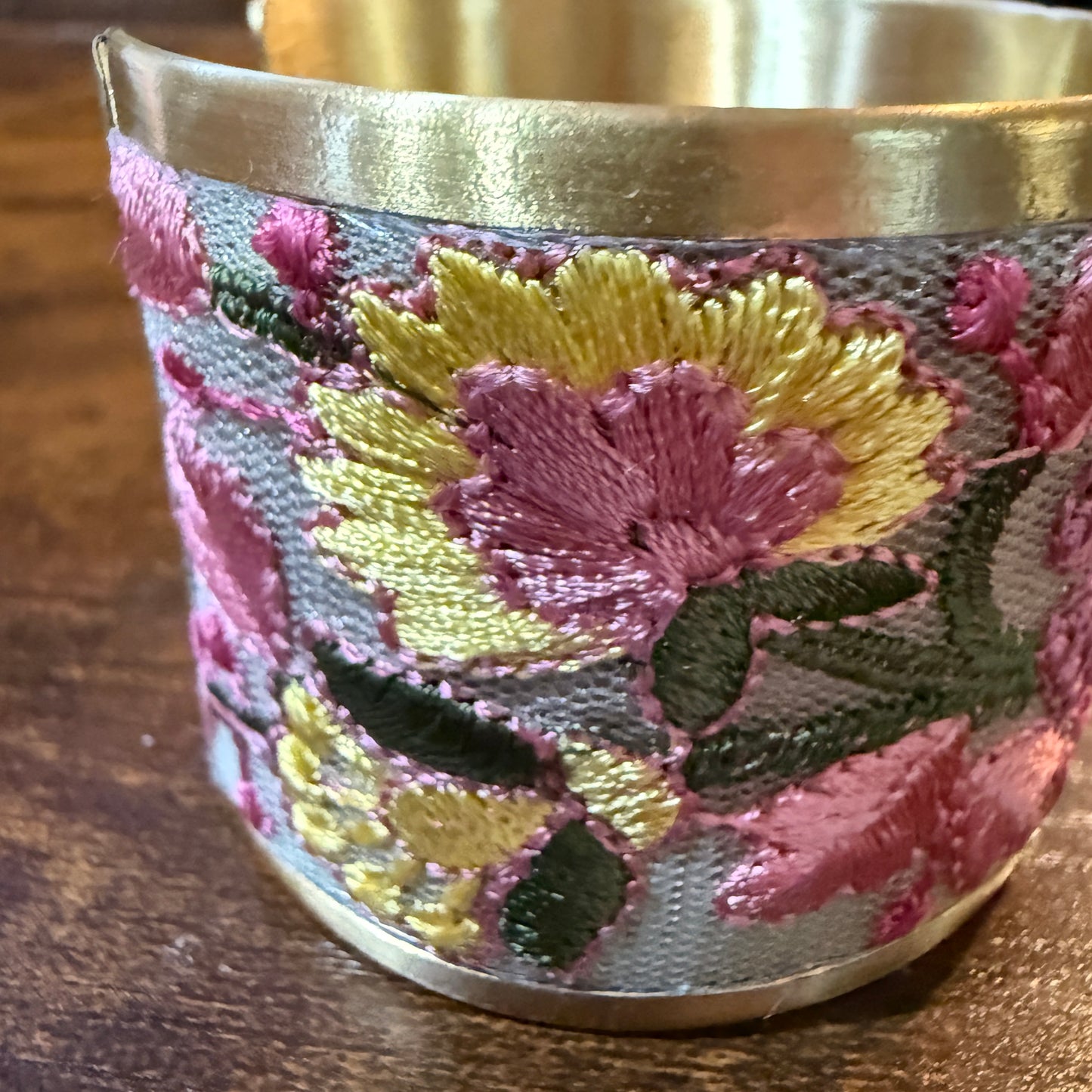 Spring Bloom Embroidered Gold Cuff Bracelet With Floral Flex Design