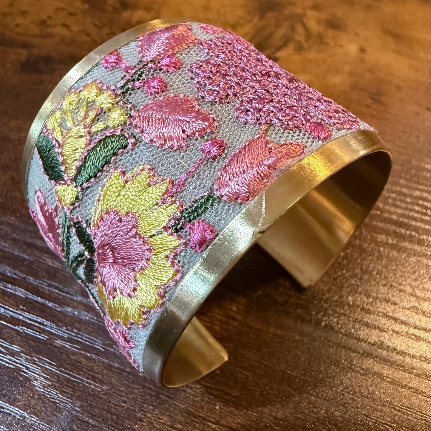 Spring Bloom Embroidered Gold Cuff Bracelet With Floral Flex Design