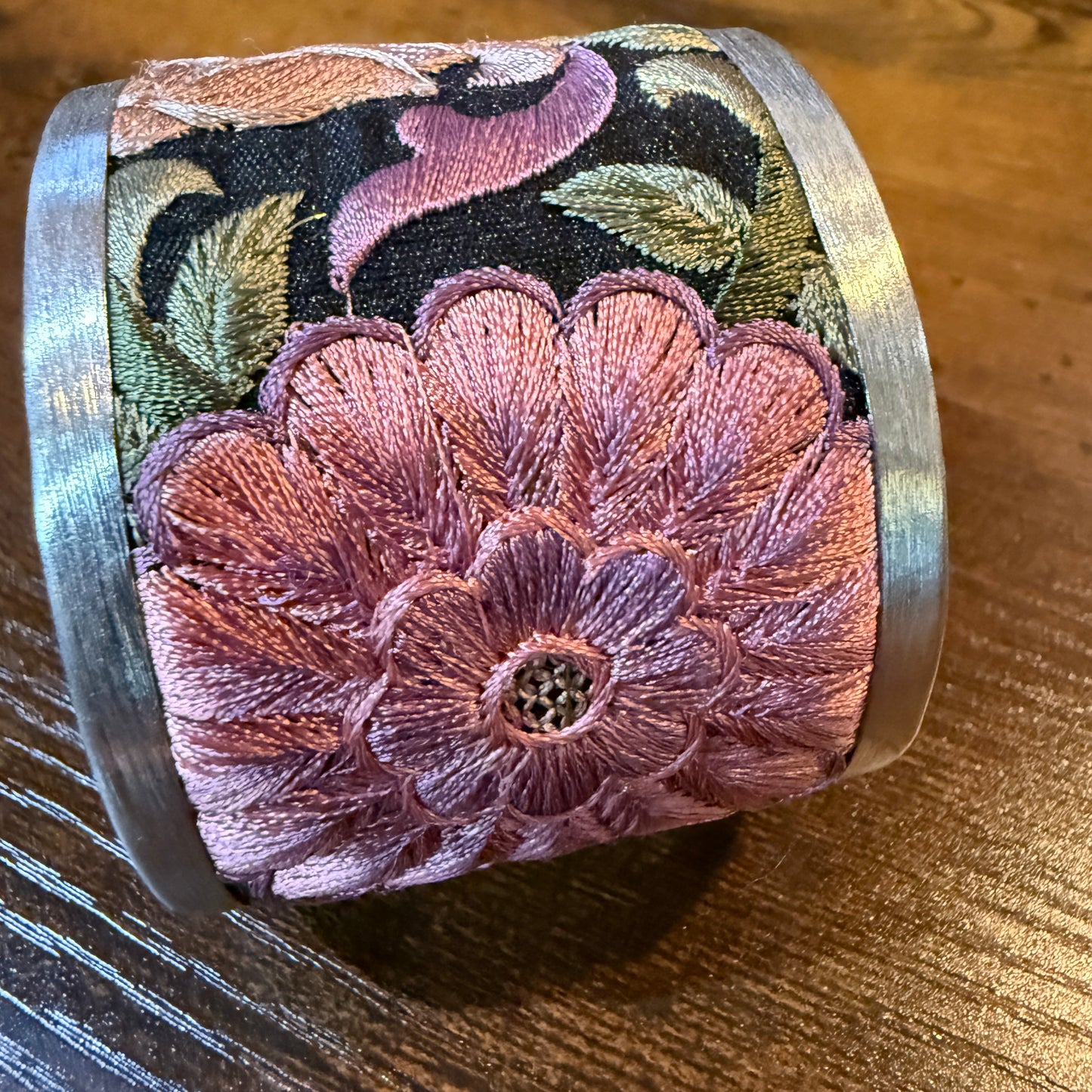 Fall Bloom Handcrafted Silver Tone Cuff Flex Bracelet With Floral Embroidery
