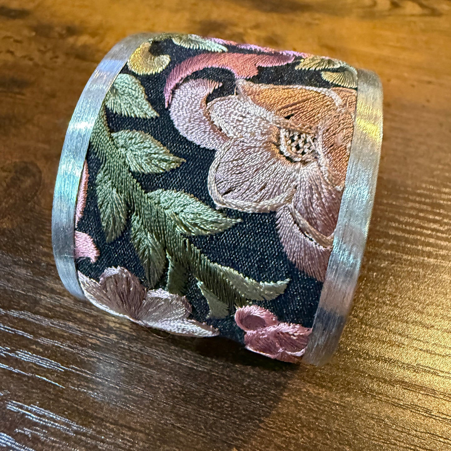 Fall Bloom Handcrafted Silver Tone Cuff Flex Bracelet With Floral Embroidery