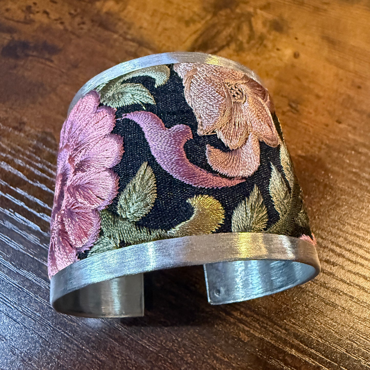 Fall Bloom Handcrafted Silver Tone Cuff Flex Bracelet With Floral Embroidery