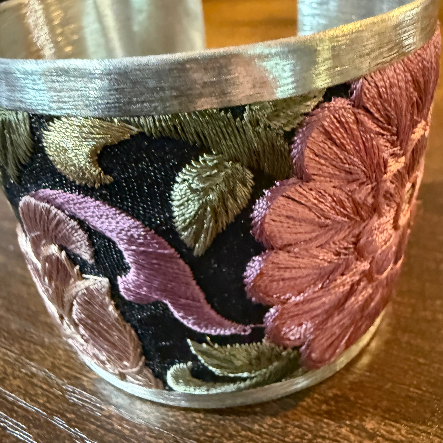 Fall Bloom Handcrafted Silver Tone Cuff Flex Bracelet With Floral Embroidery