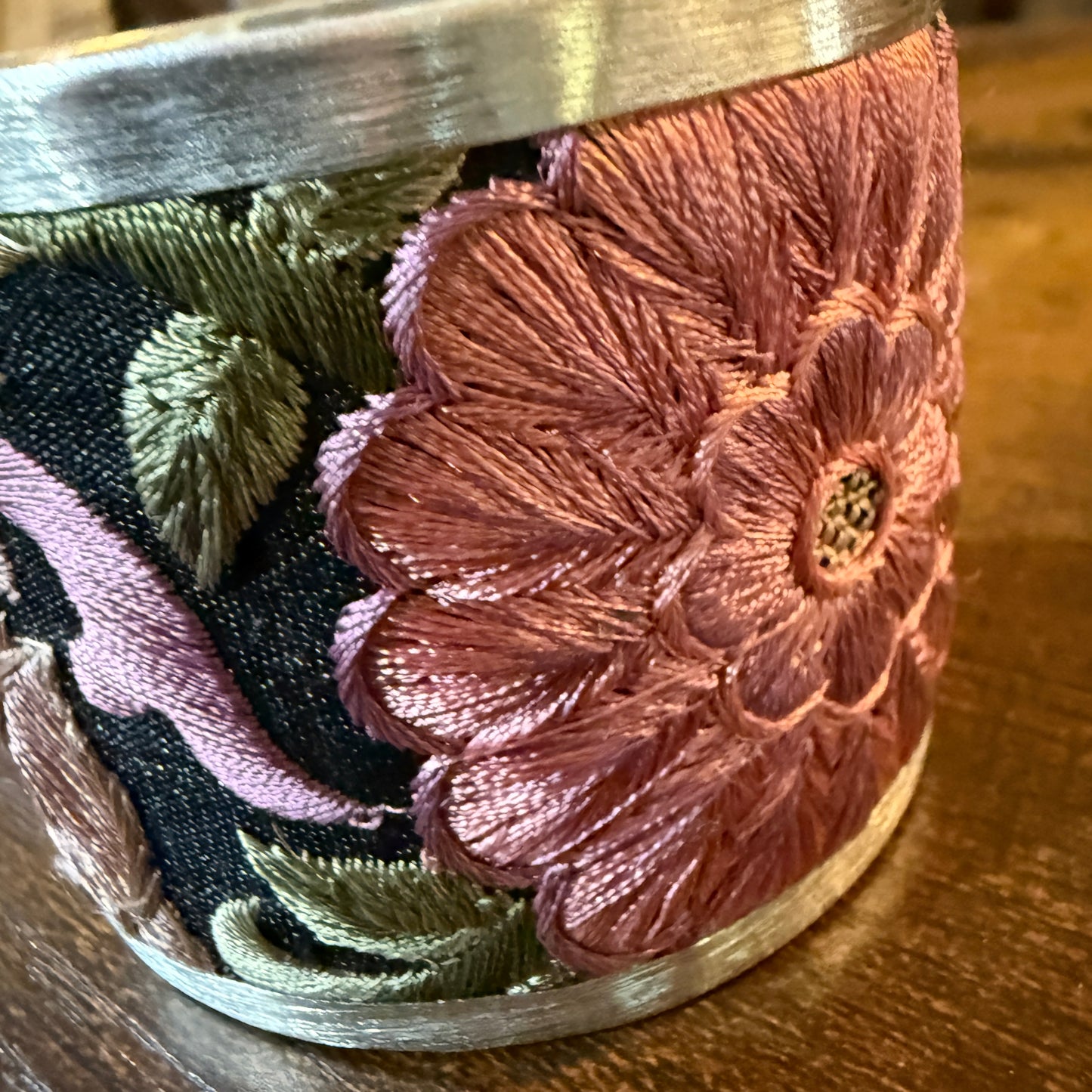 Fall Bloom Handcrafted Silver Tone Cuff Flex Bracelet With Floral Embroidery