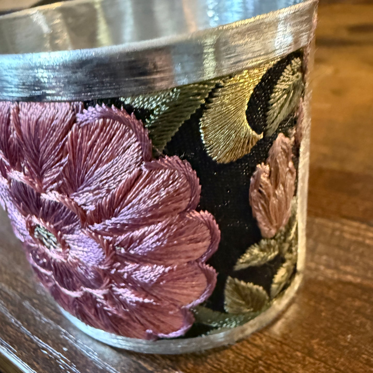 Fall Bloom Handcrafted Silver Tone Cuff Flex Bracelet With Floral Embroidery