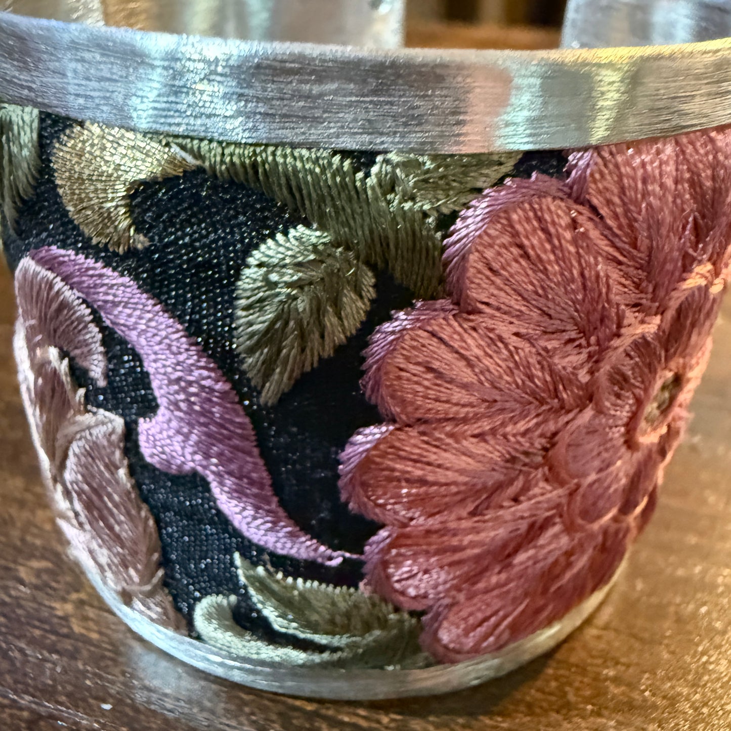 Fall Bloom Handcrafted Silver Tone Cuff Flex Bracelet With Floral Embroidery