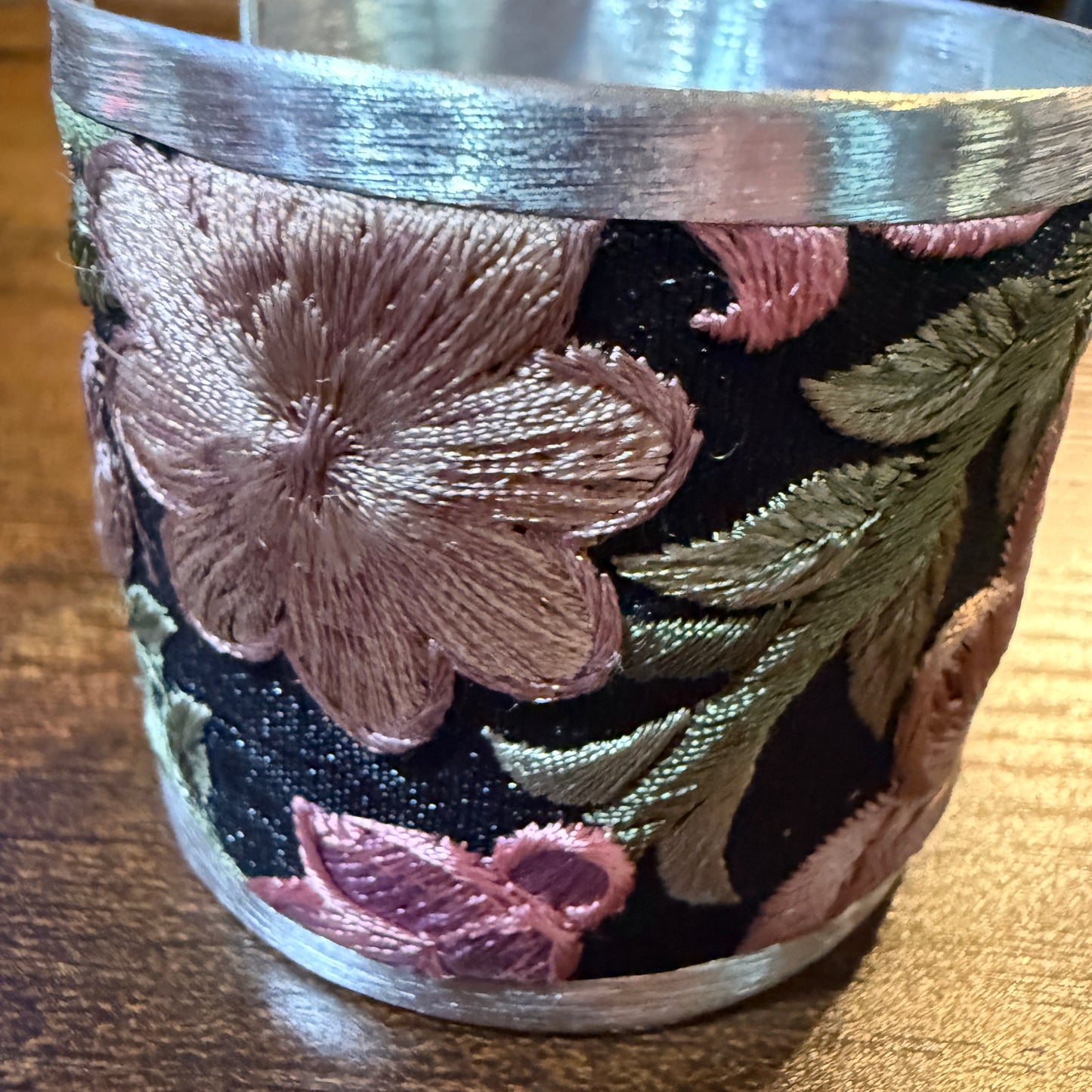 Fall Bloom Handcrafted Silver Tone Cuff Flex Bracelet With Floral Embroidery