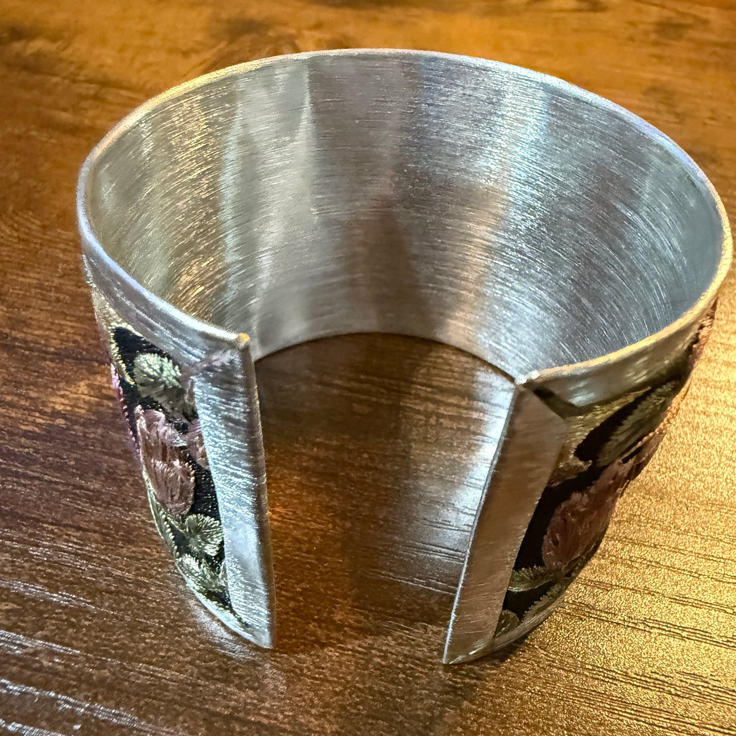 Fall Bloom Handcrafted Silver Tone Cuff Flex Bracelet With Floral Embroidery