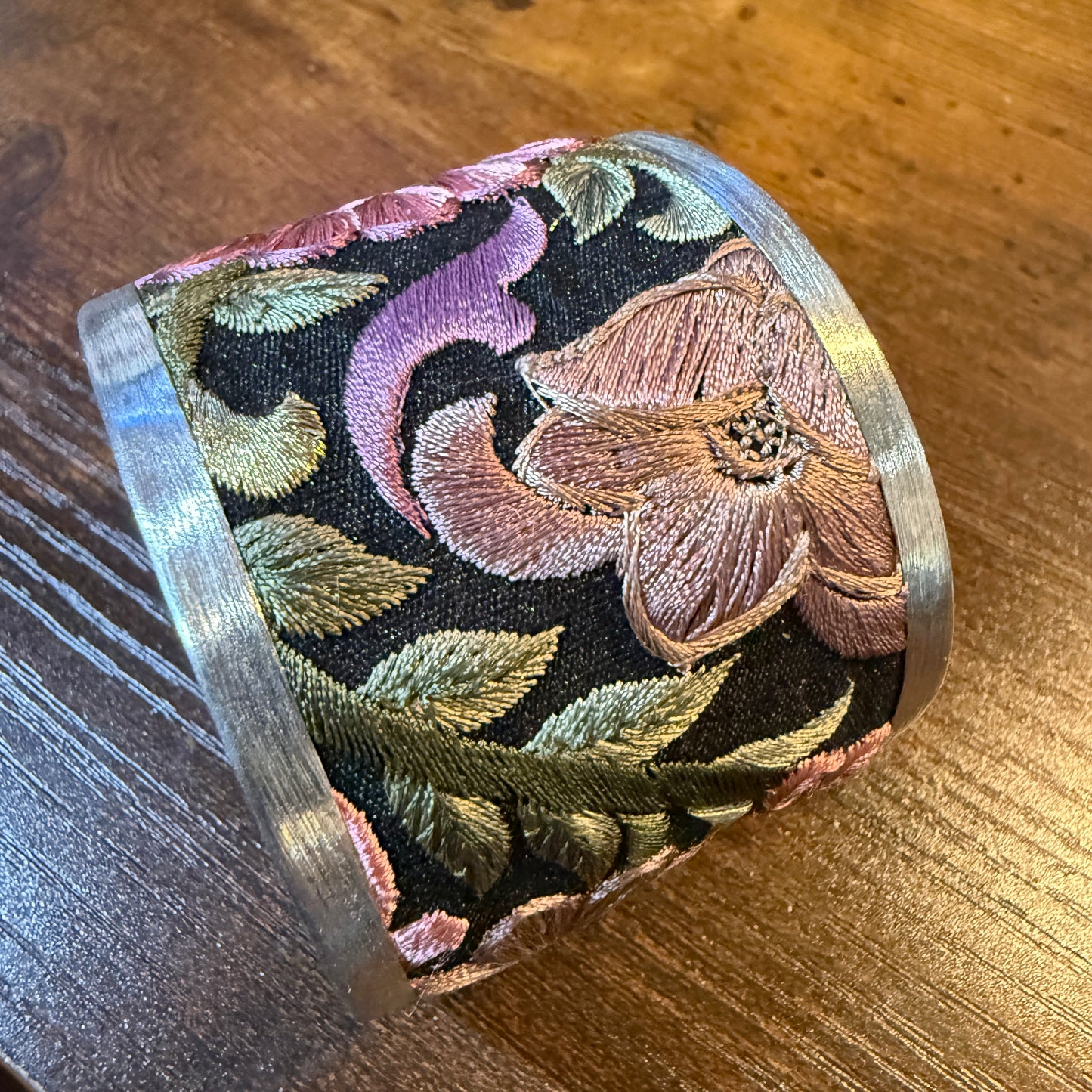 Fall Bloom Handcrafted Silver Tone Cuff Flex Bracelet With Floral Embroidery