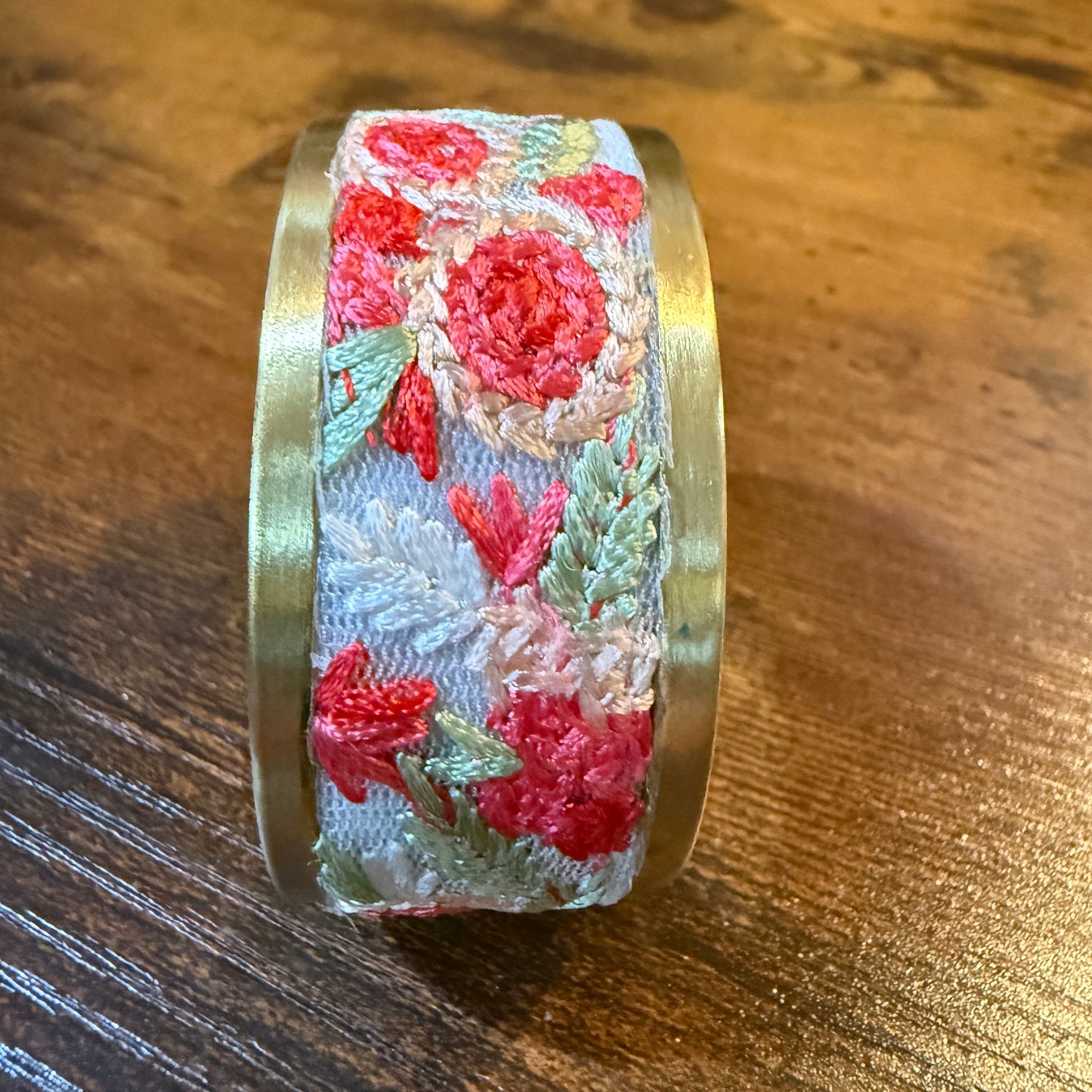 Cottage Craft Floral Embroidered Gold Cuff Bracelet Handmade In India