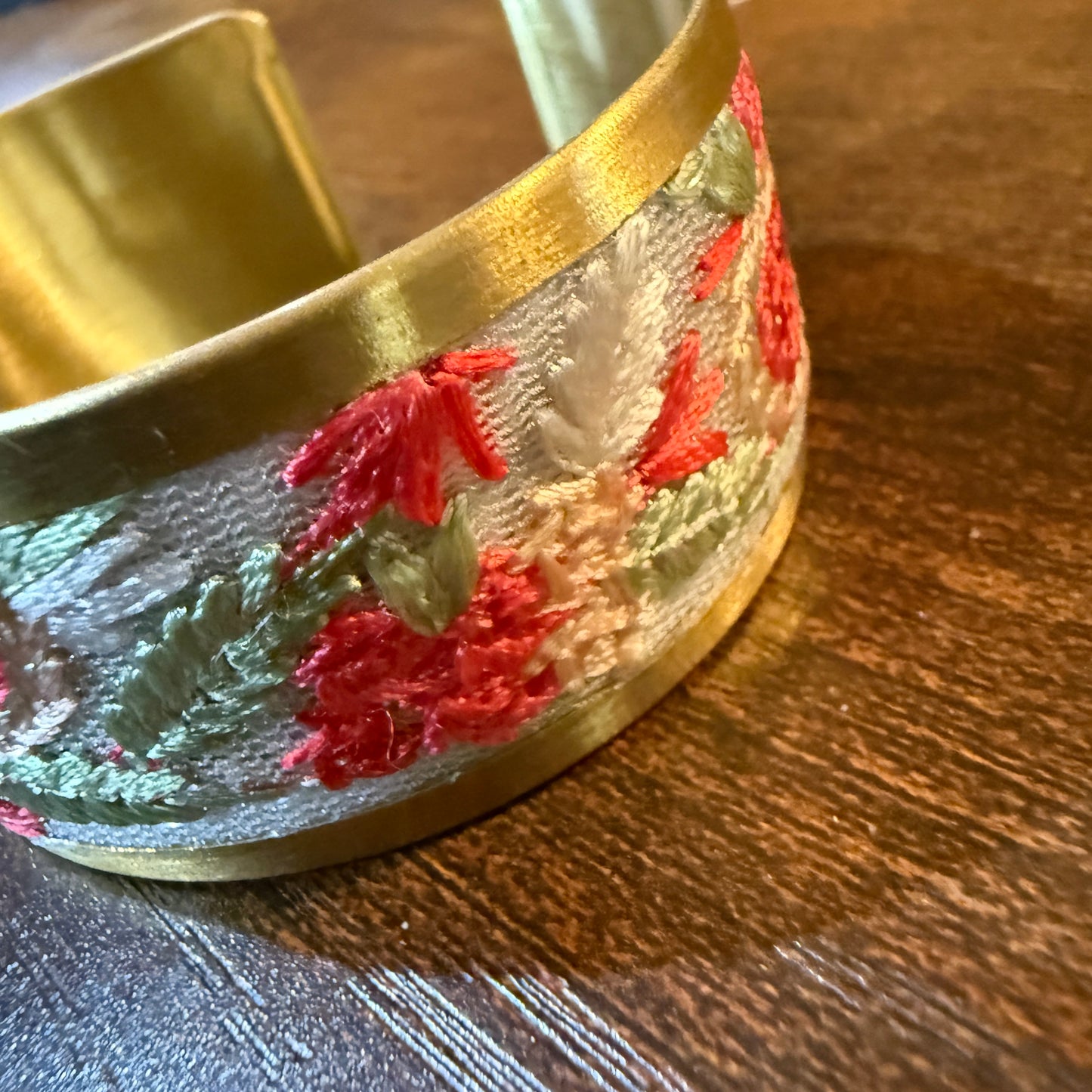 Cottage Craft Floral Embroidered Gold Cuff Bracelet Handmade In India
