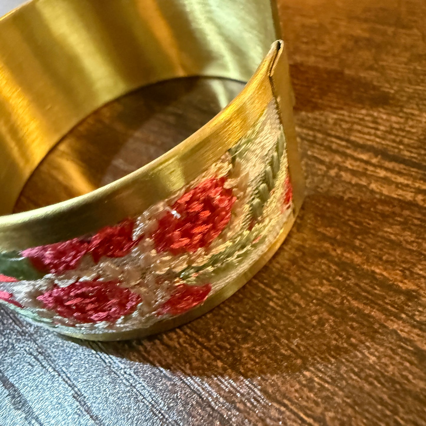 Cottage Craft Floral Embroidered Gold Cuff Bracelet Handmade In India