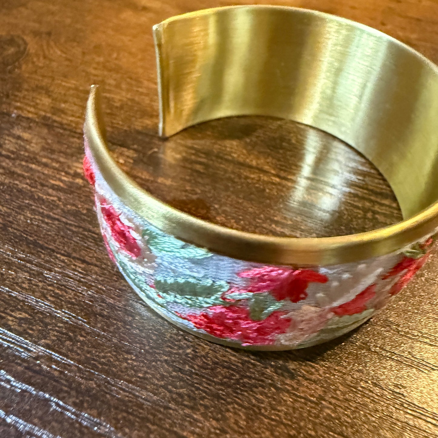 Cottage Craft Floral Embroidered Gold Cuff Bracelet Handmade In India