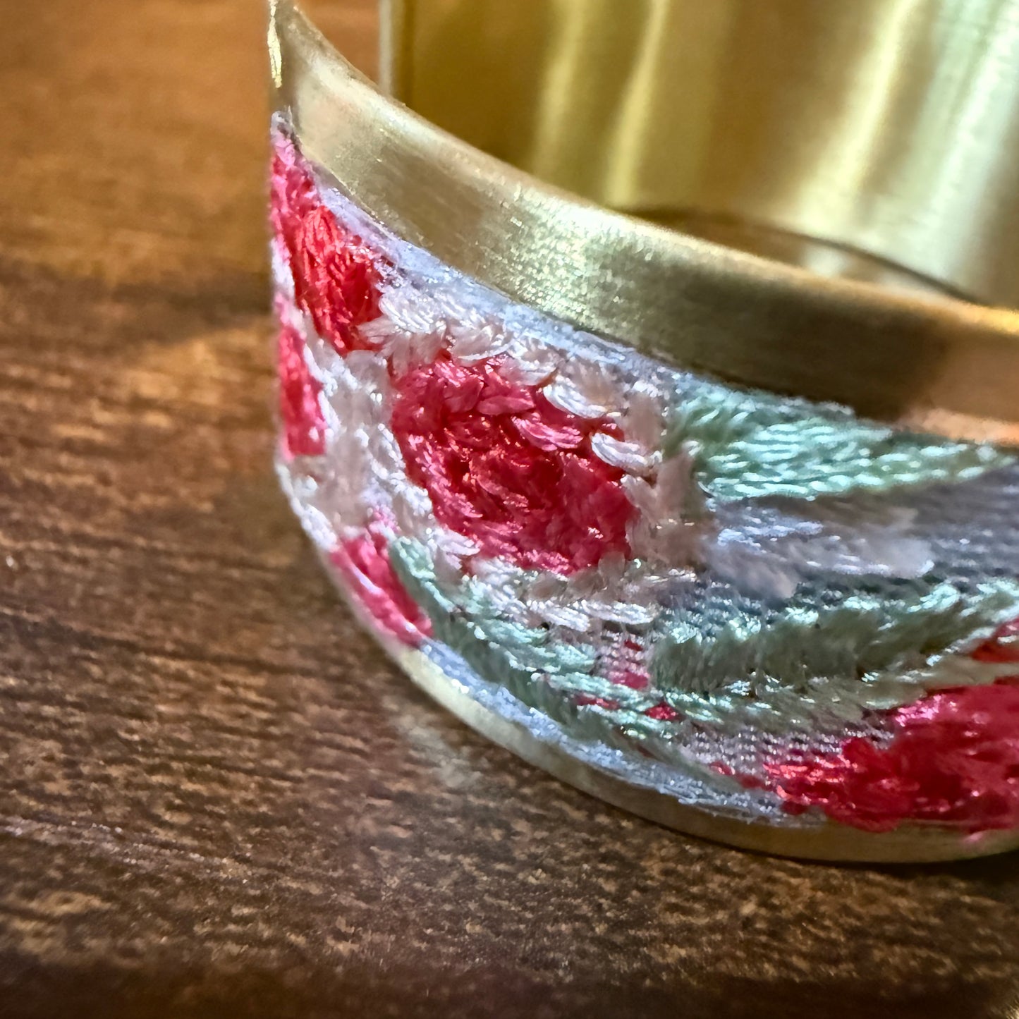 Cottage Craft Floral Embroidered Gold Cuff Bracelet Handmade In India
