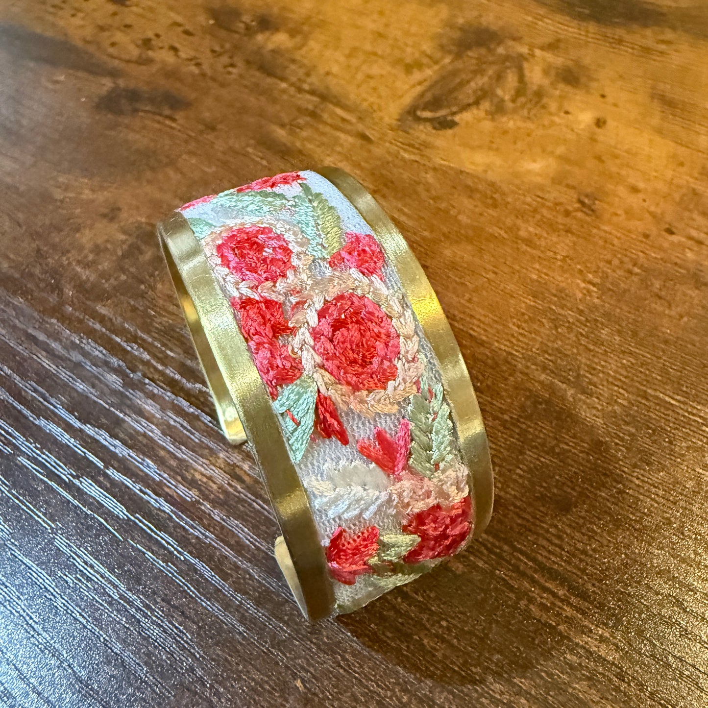 Cottage Craft Floral Embroidered Gold Cuff Bracelet Handmade In India