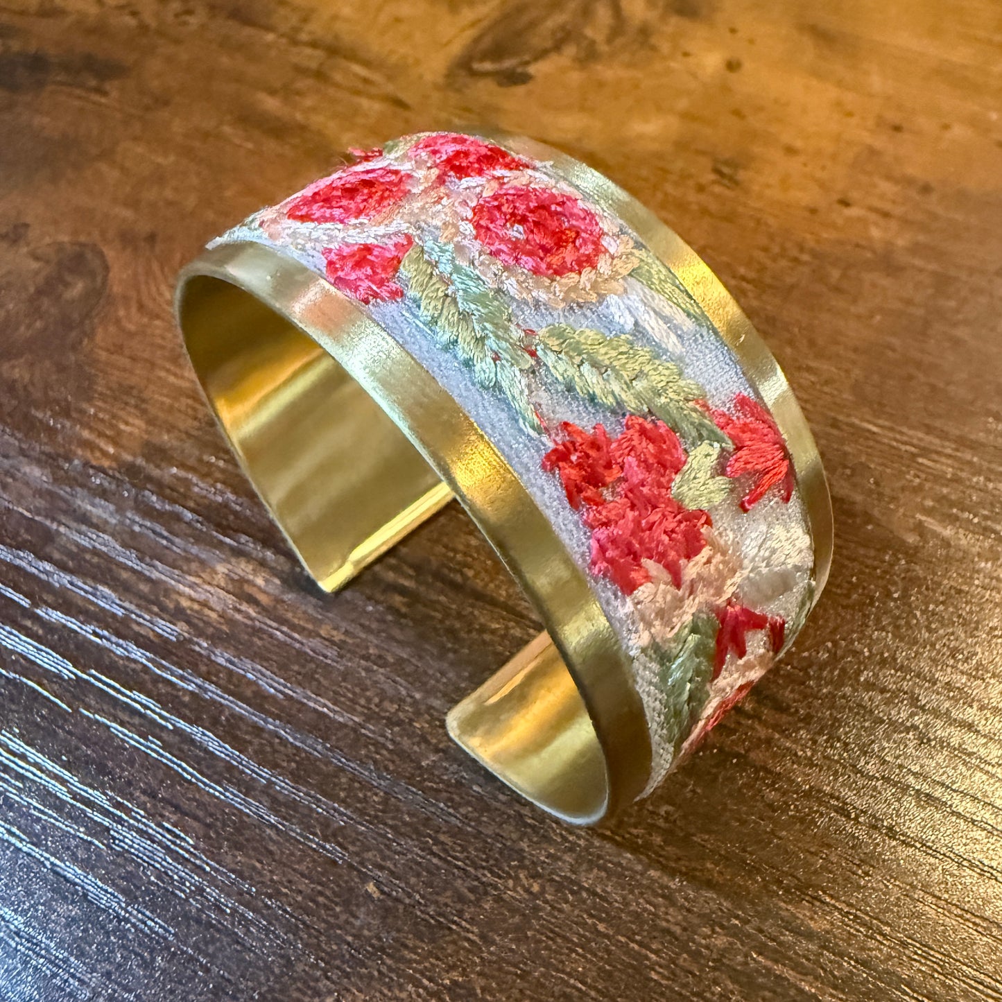 Cottage Craft Floral Embroidered Gold Cuff Bracelet Handmade In India