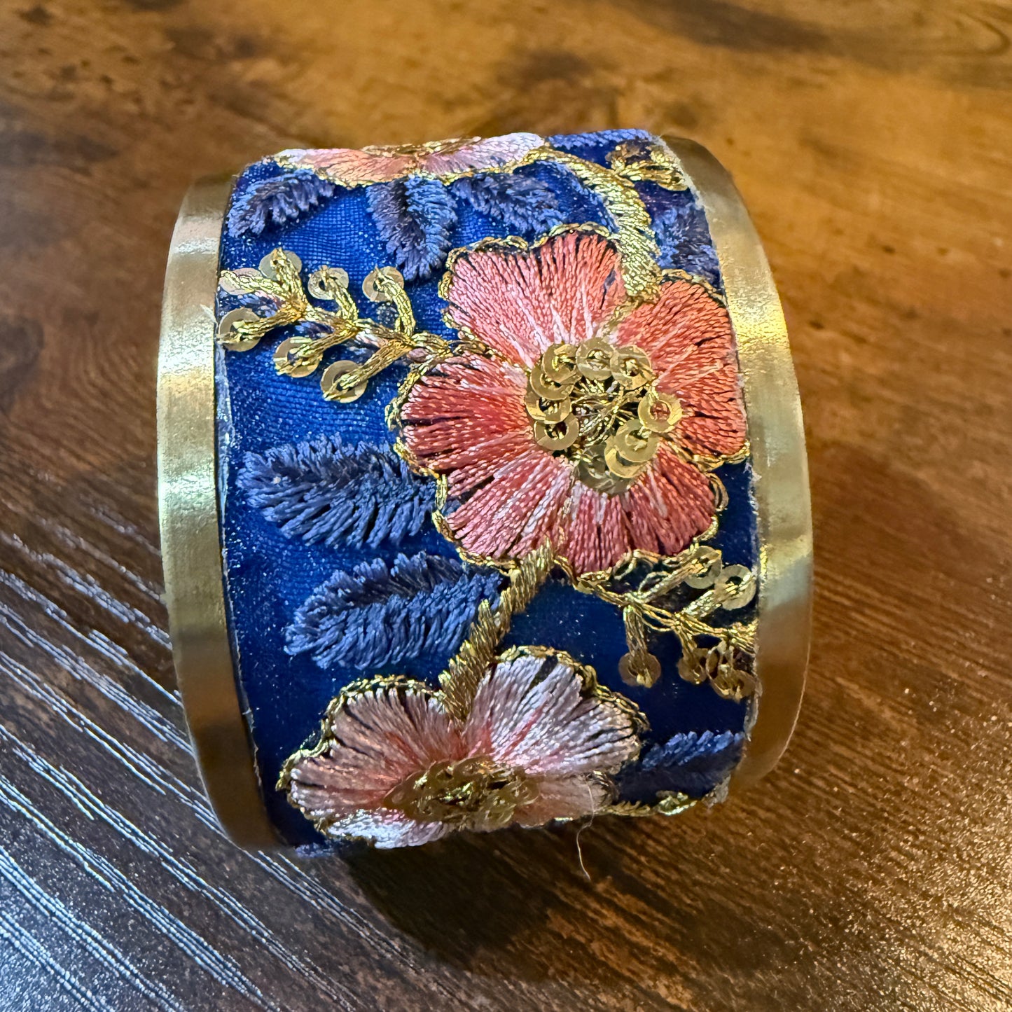 Summer Bloom Gold Tone Embroidered Flex Cuff Bracelet With Floral Embroidery