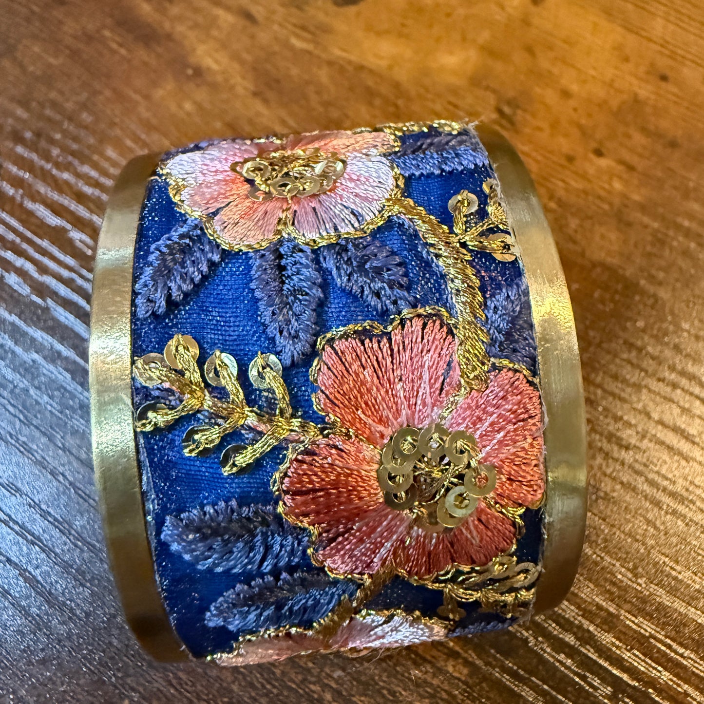 Summer Bloom Gold Tone Embroidered Flex Cuff Bracelet With Floral Embroidery