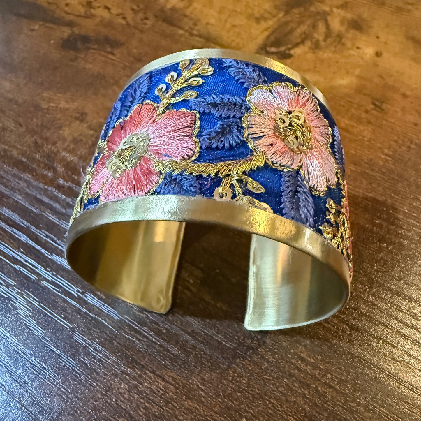Summer Bloom Gold Tone Embroidered Flex Cuff Bracelet With Floral Embroidery