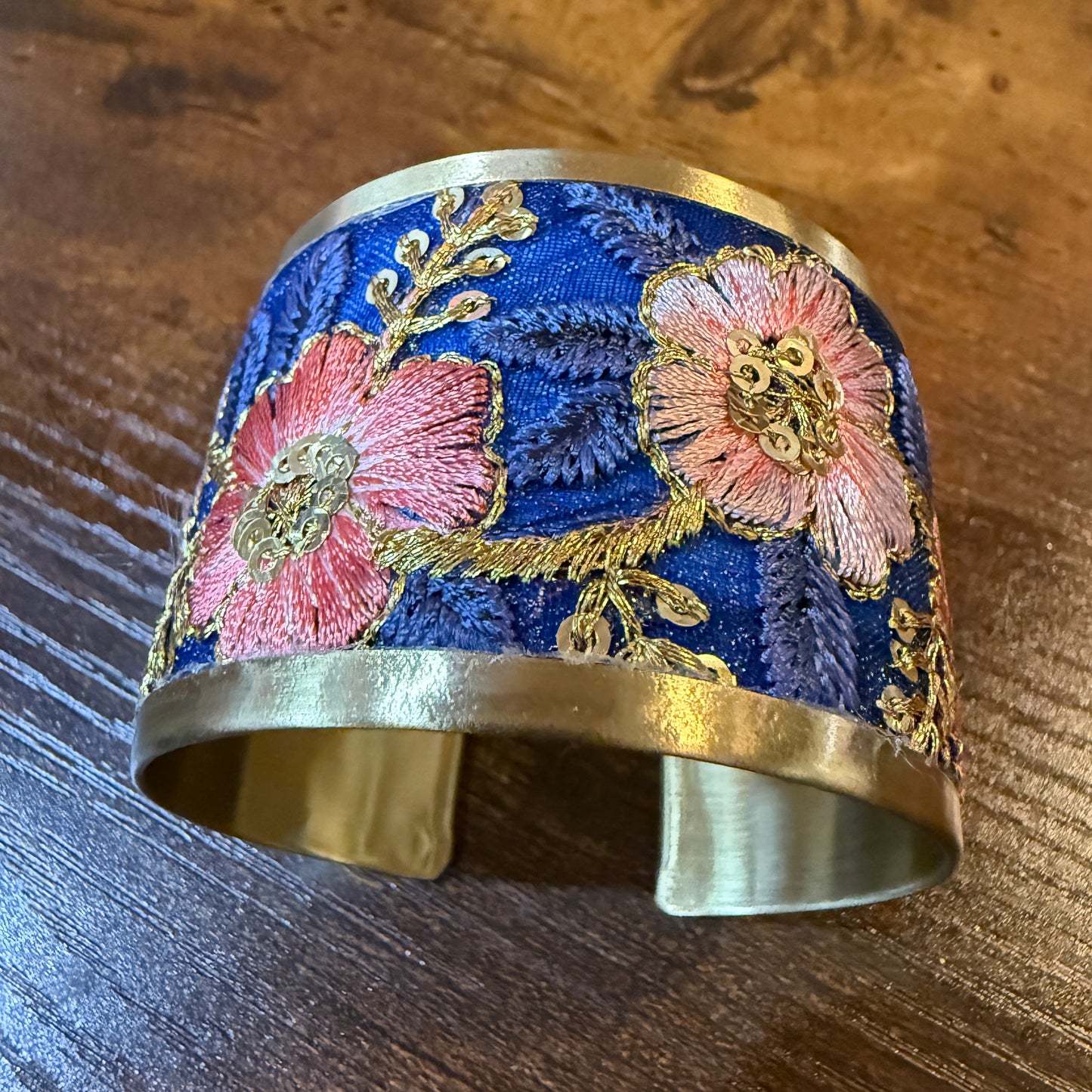 Summer Bloom Gold Tone Embroidered Flex Cuff Bracelet With Floral Embroidery