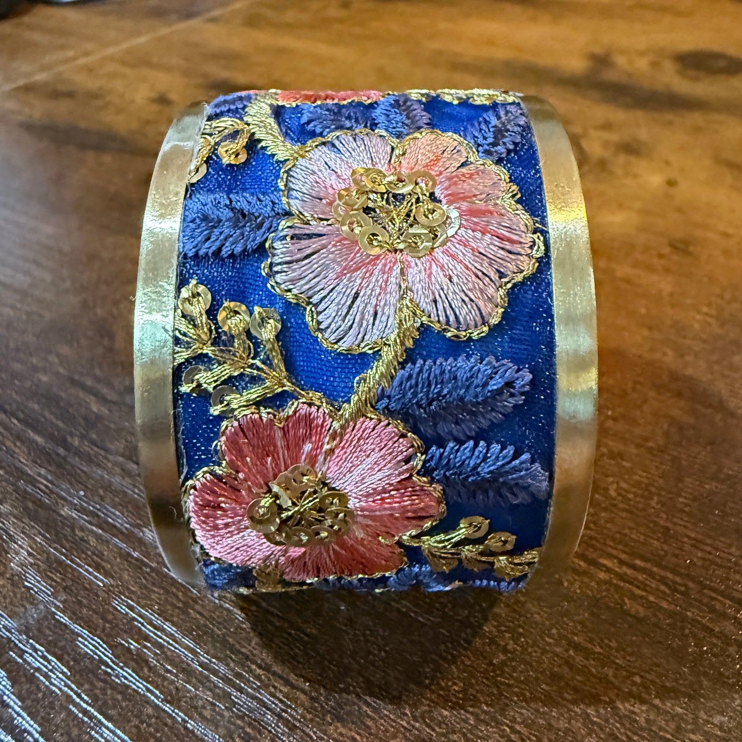 Summer Bloom Gold Tone Embroidered Flex Cuff Bracelet With Floral Embroidery