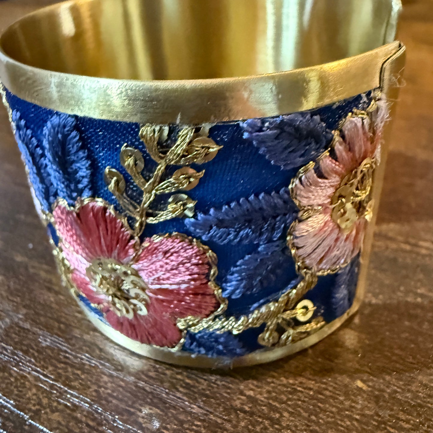 Summer Bloom Gold Tone Embroidered Flex Cuff Bracelet With Floral Embroidery