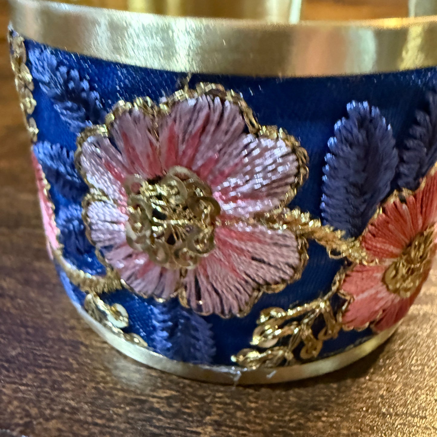 Summer Bloom Gold Tone Embroidered Flex Cuff Bracelet With Floral Embroidery