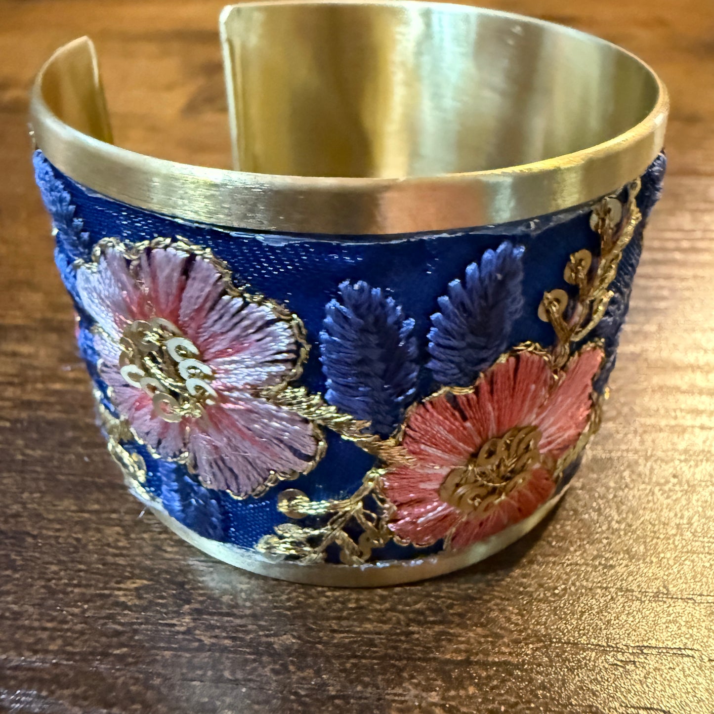 Summer Bloom Gold Tone Embroidered Flex Cuff Bracelet With Floral Embroidery