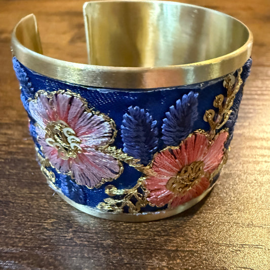 Summer Bloom Gold Tone Embroidered Flex Cuff Bracelet With Floral Embroidery