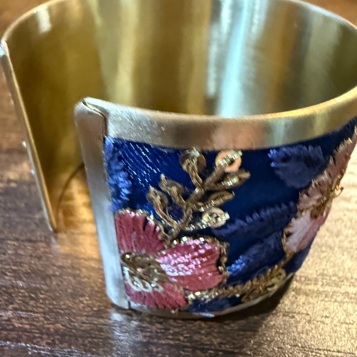 Summer Bloom Gold Tone Embroidered Flex Cuff Bracelet With Floral Embroidery