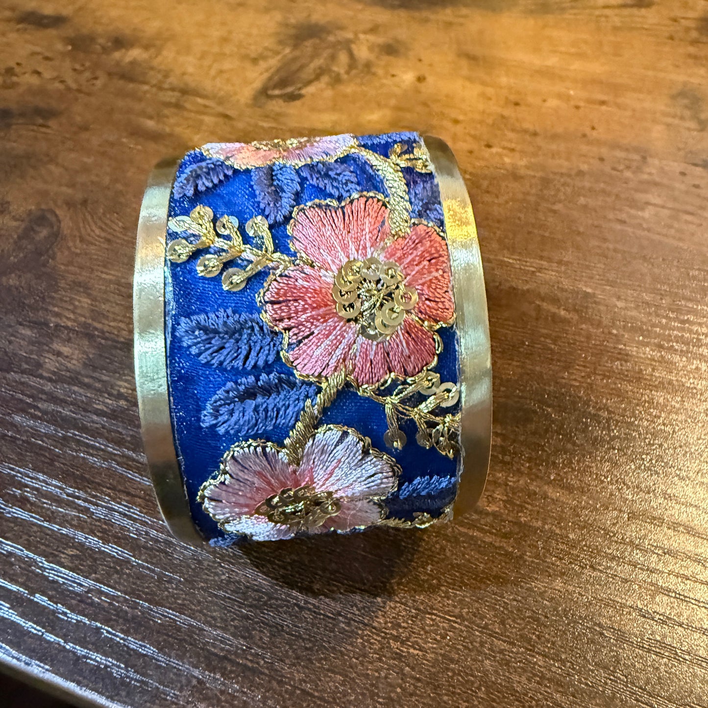Summer Bloom Gold Tone Embroidered Flex Cuff Bracelet With Floral Embroidery